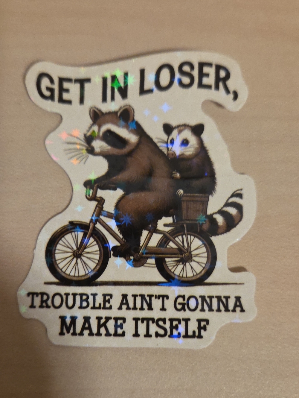 Sticker - Racoon, Possum on Bike - Get in Loser, Trouble Ain't Gonna Make Itself
